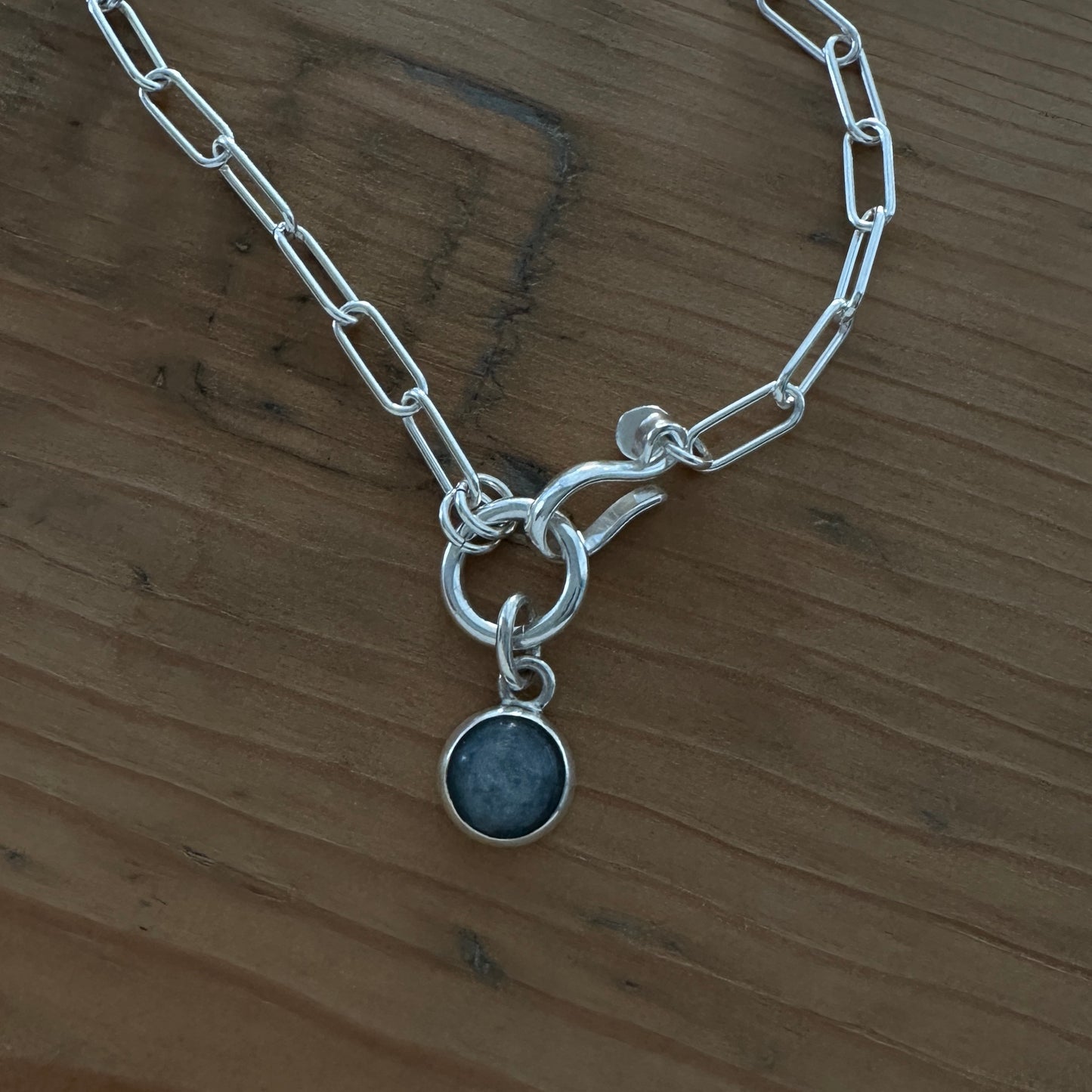 Sterling Silver Paperclip Chain Necklace | Blue Kyanite Pendant | Front Hook Closure