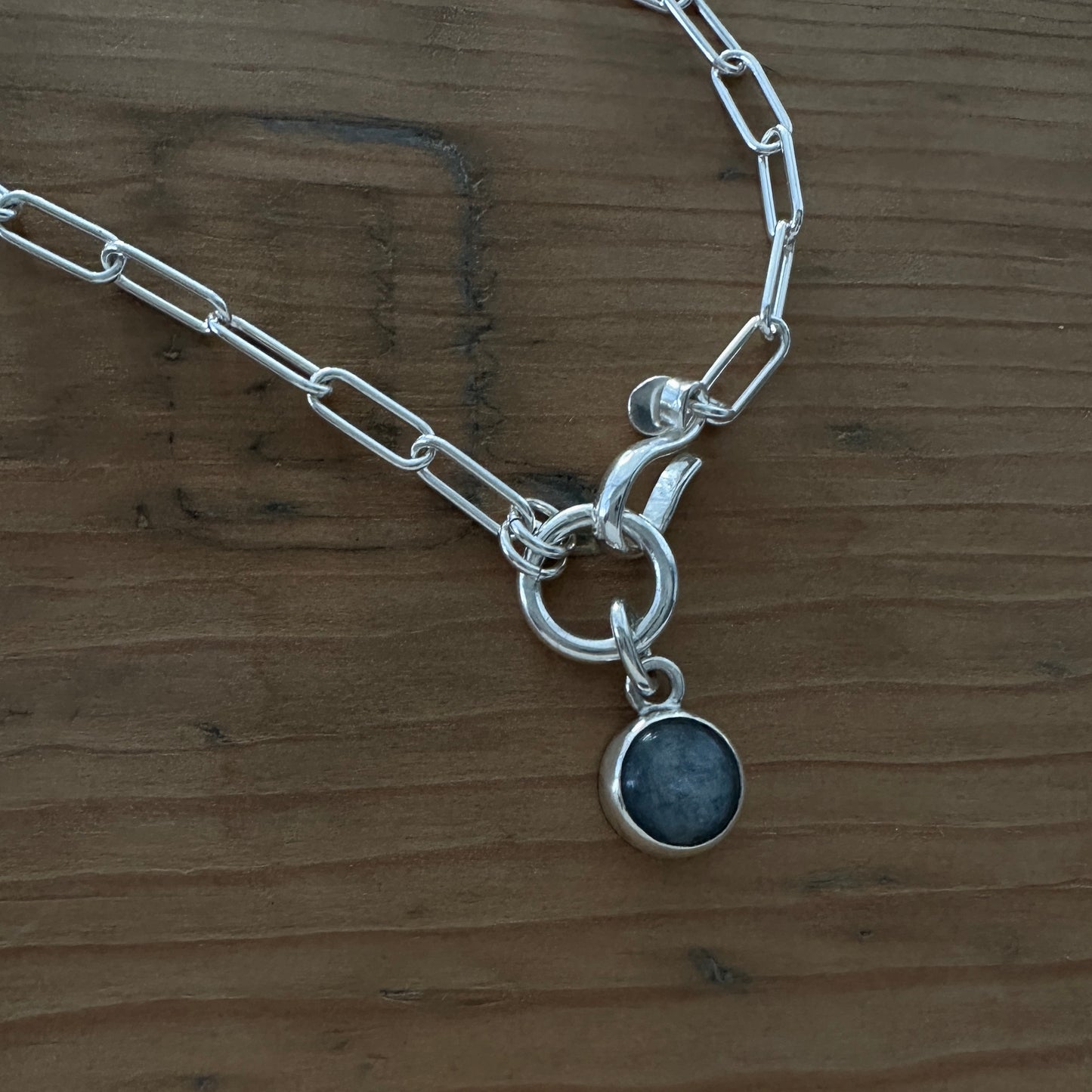 Sterling Silver Paperclip Chain Necklace | Blue Kyanite Pendant | Front Hook Closure