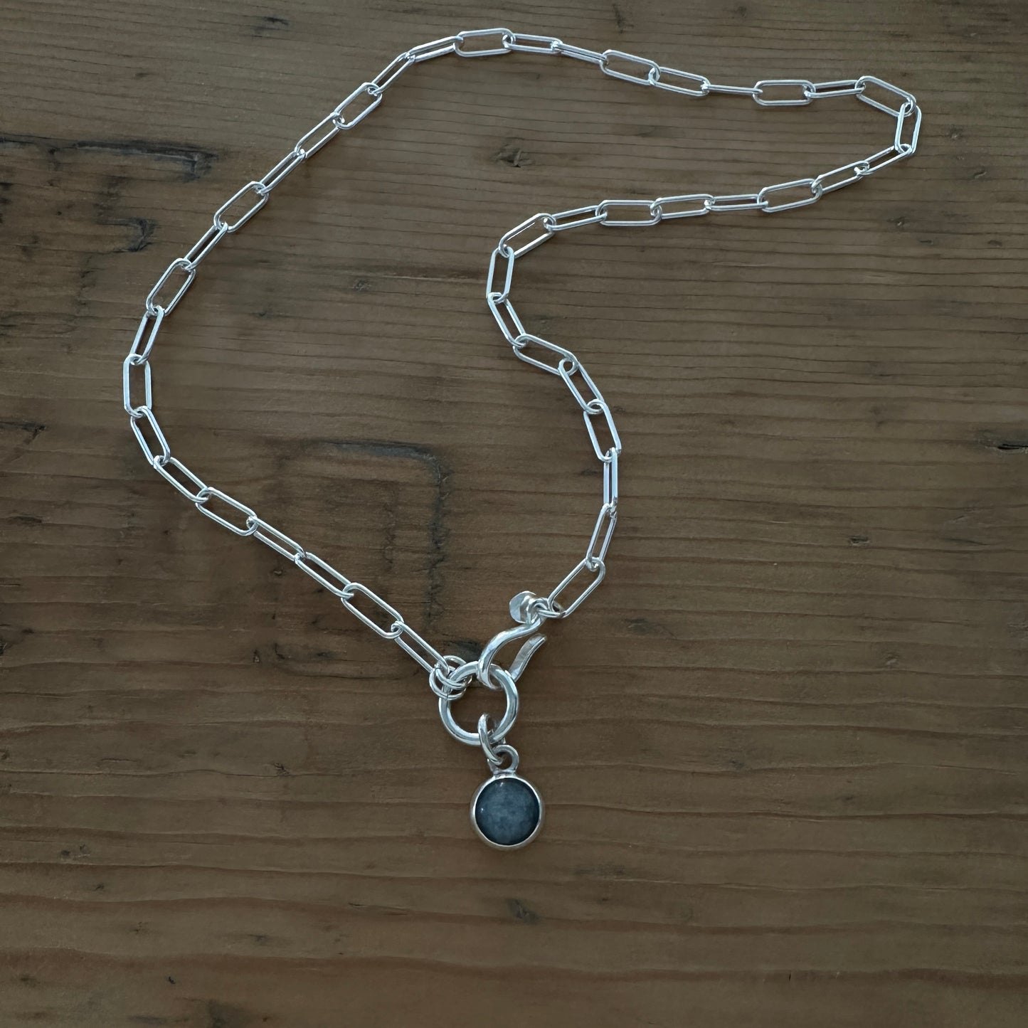 Sterling Silver Paperclip Chain Necklace | Blue Kyanite Pendant | Front Hook Closure