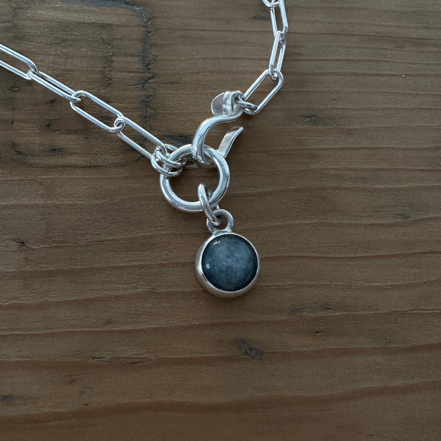 Sterling Silver Paperclip Chain Necklace | Blue Kyanite Pendant | Front Hook Closure