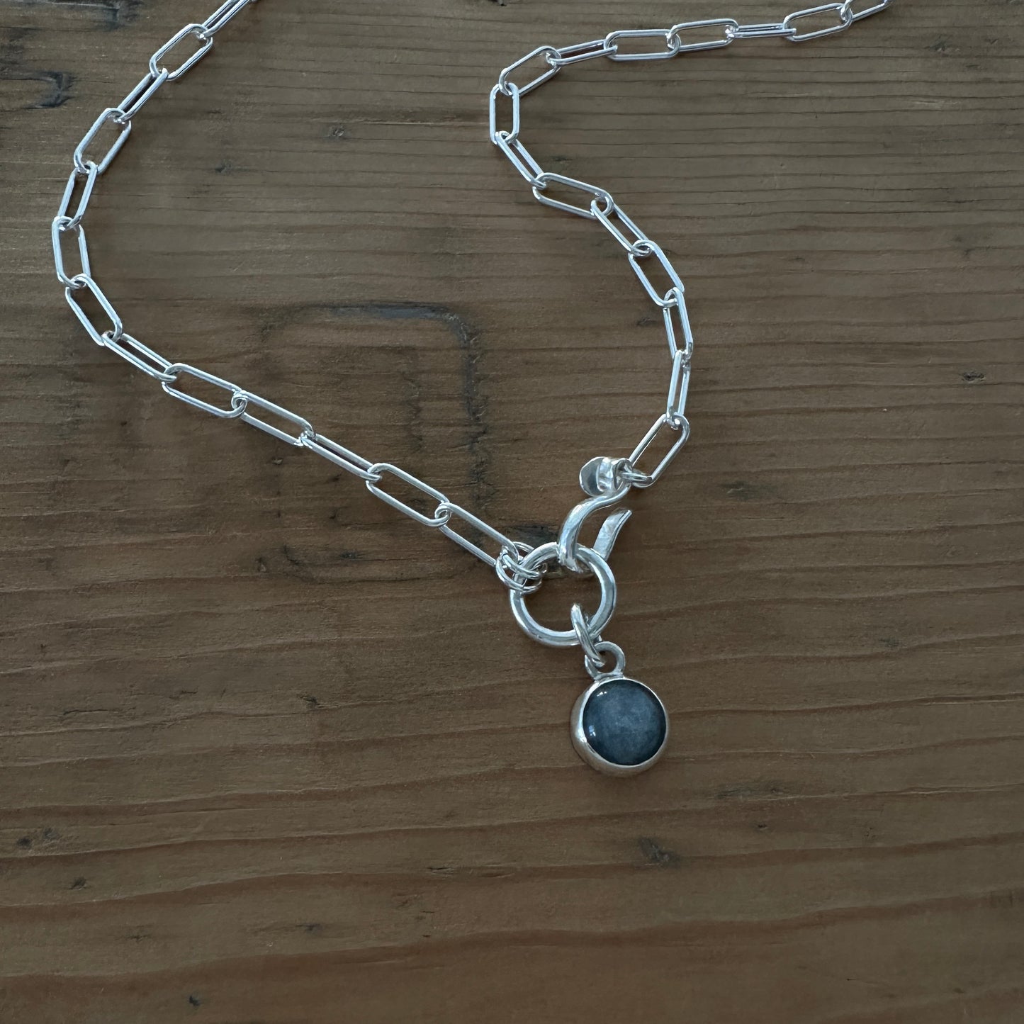 Sterling Silver Paperclip Chain Necklace | Blue Kyanite Pendant | Front Hook Closure