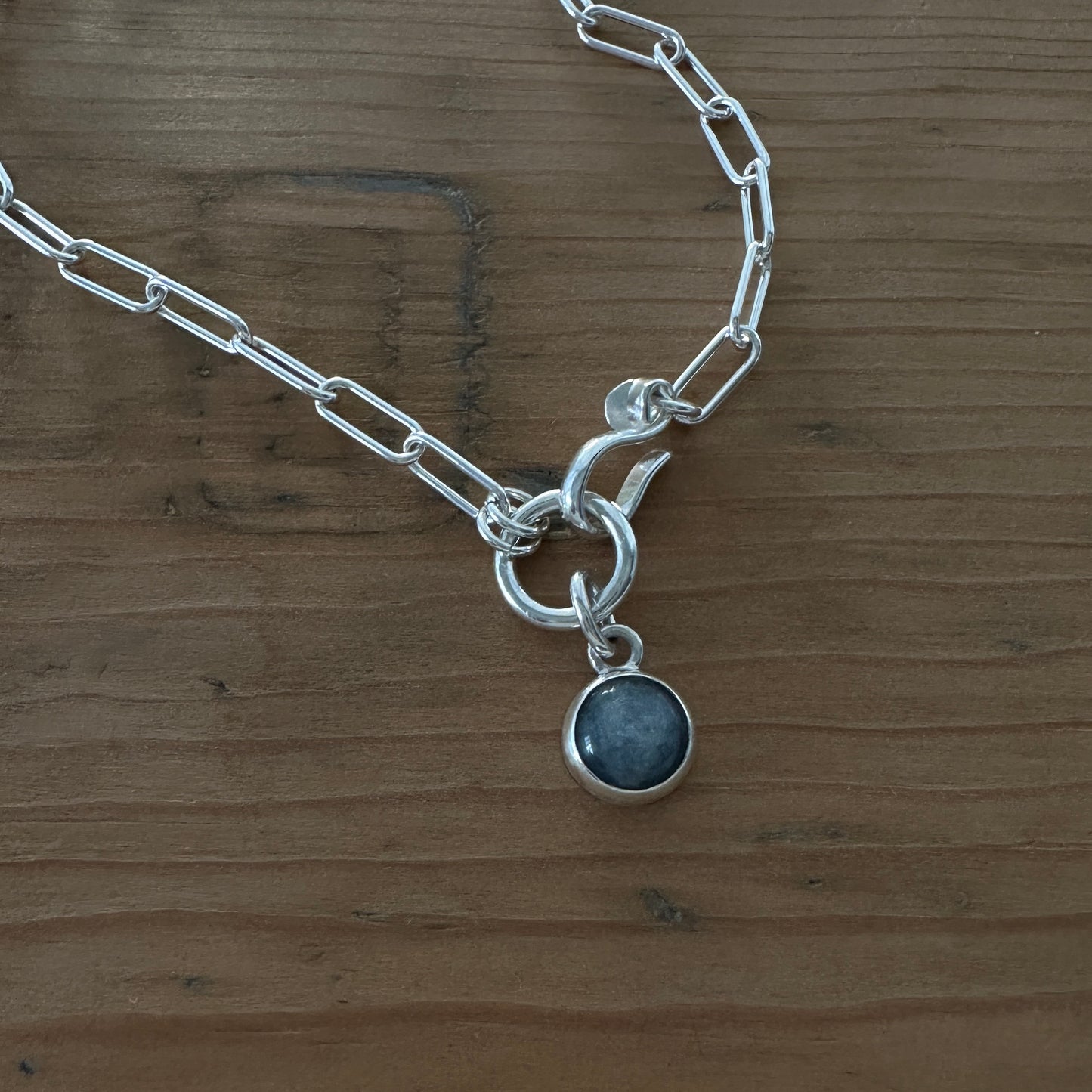 Sterling Silver Paperclip Chain Necklace | Blue Kyanite Pendant | Front Hook Closure