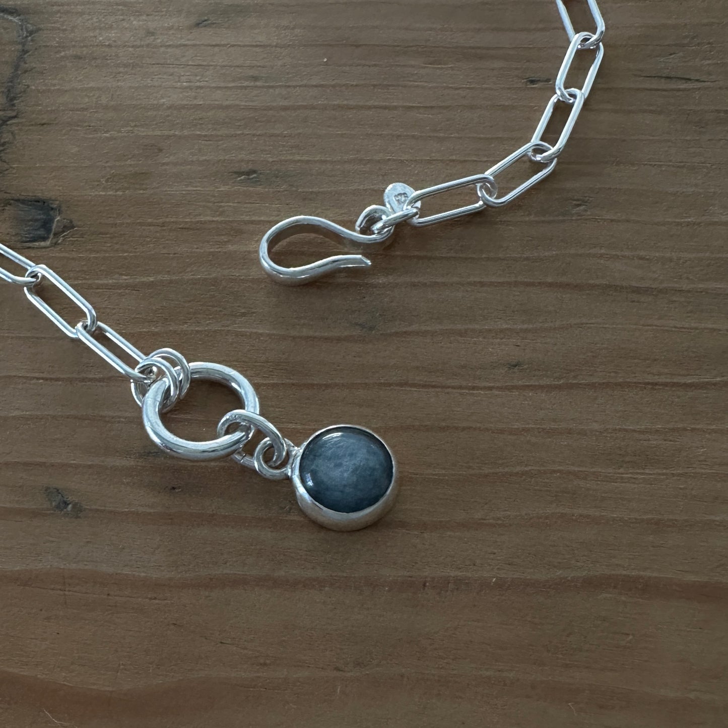 Sterling Silver Paperclip Chain Necklace | Blue Kyanite Pendant | Front Hook Closure