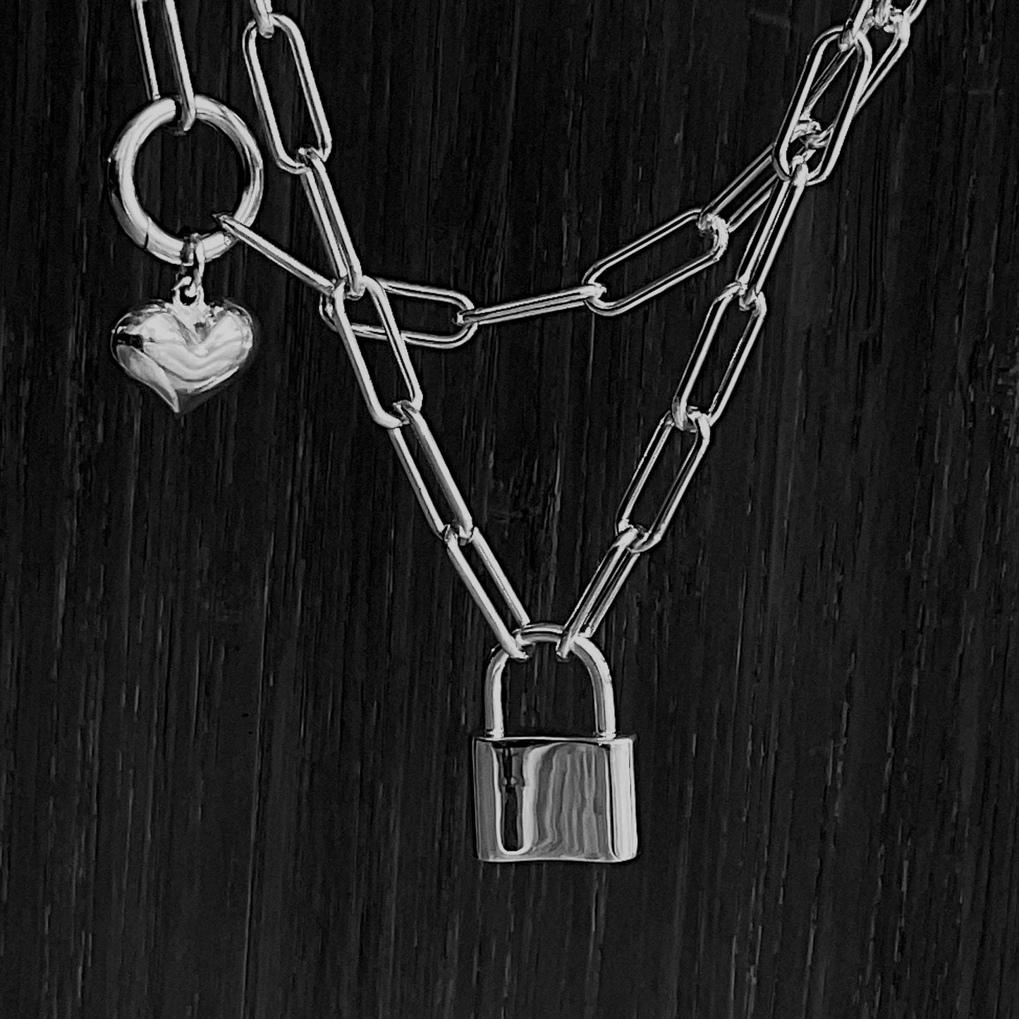 Long Wrap Chain Necklace, Padlock Pendant Clasp in Sterling Silver, 5mm