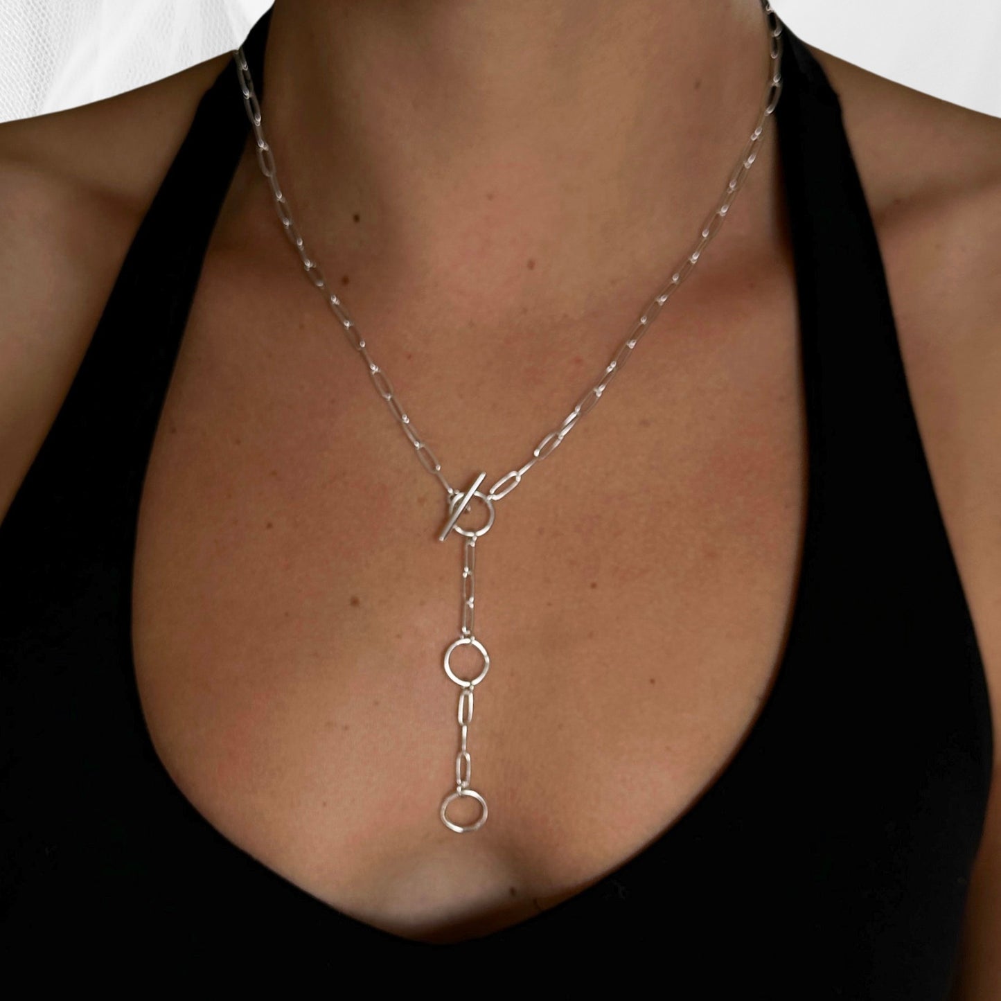 Paperclip Chain Toggle Lariat Necklace in Sterling Silver, 3mm