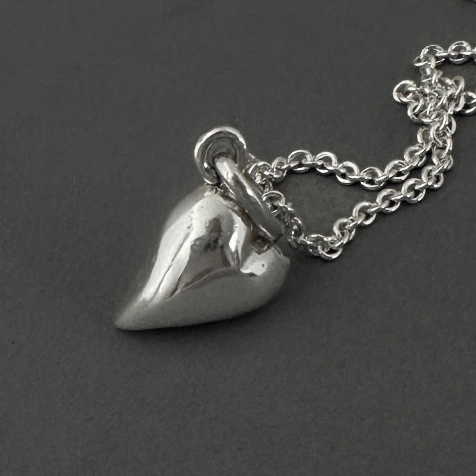 Hand Carved Sterling Silver Heart Pendant Necklace | Thick Solid