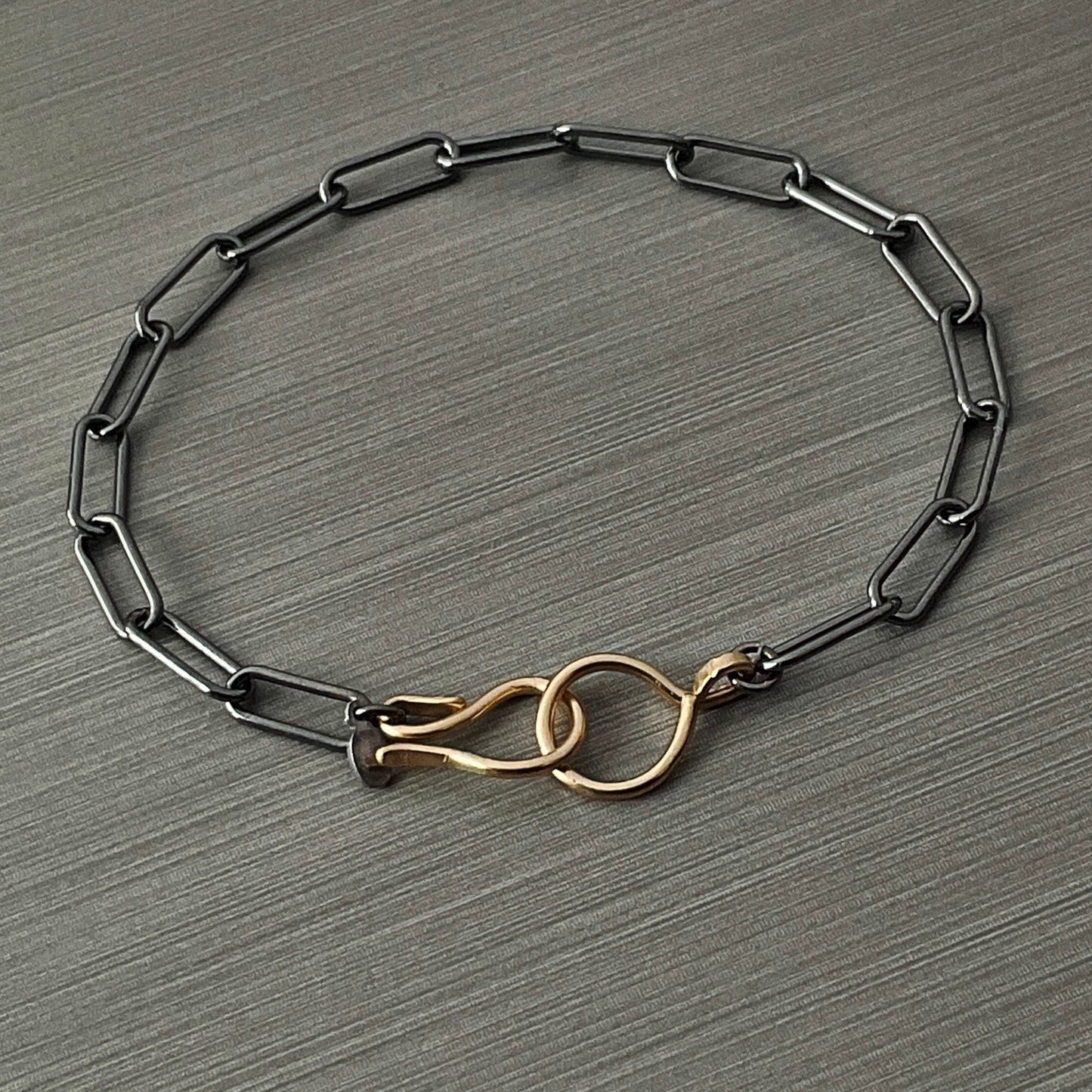 Oxidized Sterling Silver Paperclip Bracelet Paperclip Chain 4.3mm with 14k Gold Filled Clasp hook and Ring