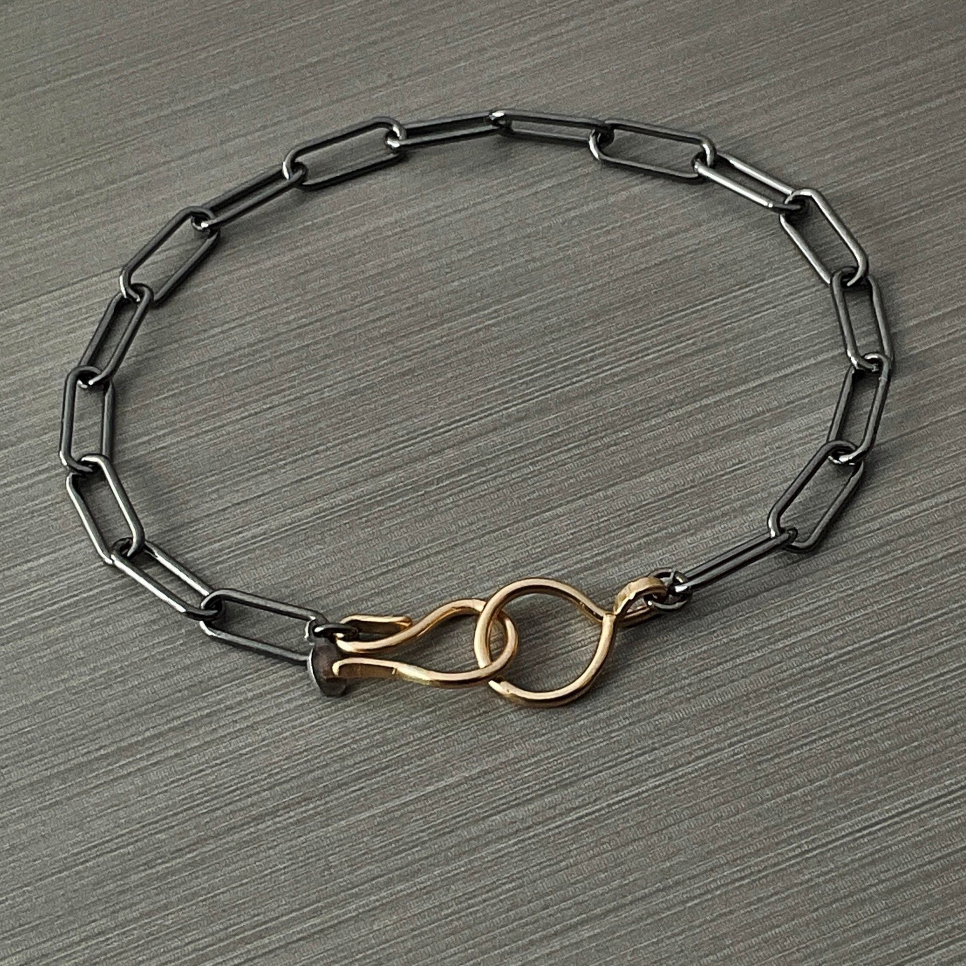 Oxidized Sterling Silver Paperclip Bracelet Paperclip Chain 4.3mm with 14k Gold Filled Clasp hook and Ring