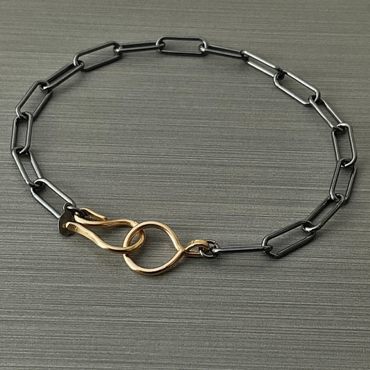 Oxidized Sterling Silver Paperclip Bracelet Paperclip Chain 4.3mm with 14k Gold Filled Clasp hook and Ring