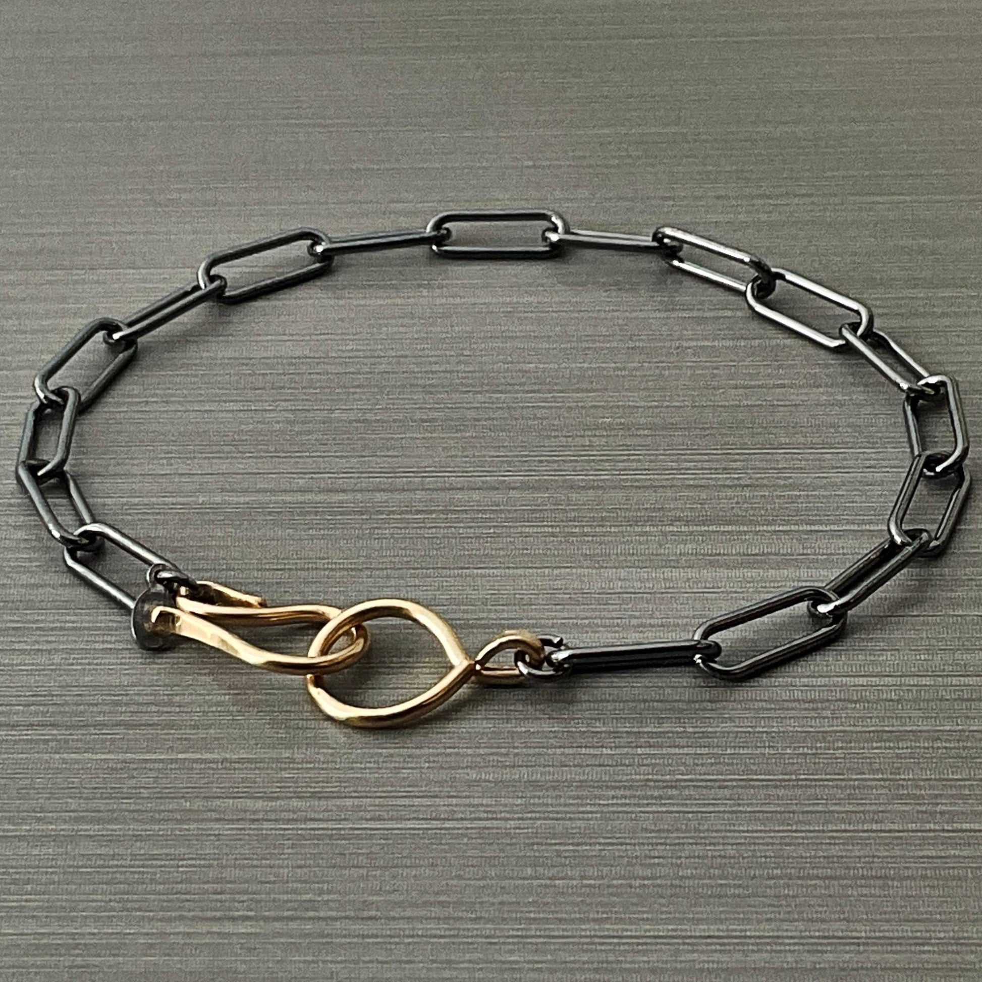 Oxidized Sterling Silver Paperclip Bracelet Paperclip Chain 4.3mm with 14k Gold Filled Clasp hook and Ring