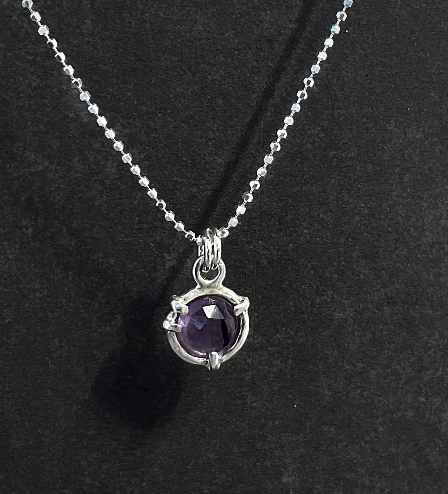 Amethyst Necklace Solid Handmade amethyst charm necklace genuine rose-cut cabochon charm open back prong setting  in sterling silver. comes on a 1.2mm diamond-cut ball chain in solid sterling silver