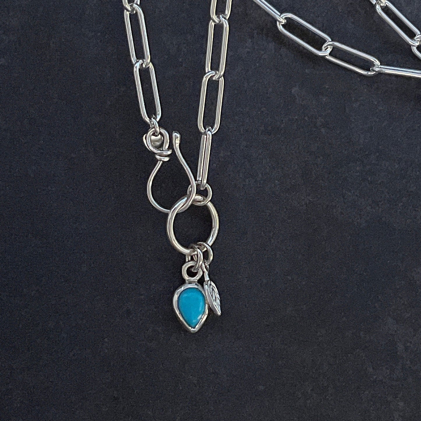 Turquoise Charm Necklace Kingman Blue Turquoise Teardrop Charm Necklace Sterling Silver Paperclip Chain Necklace 4,3mm