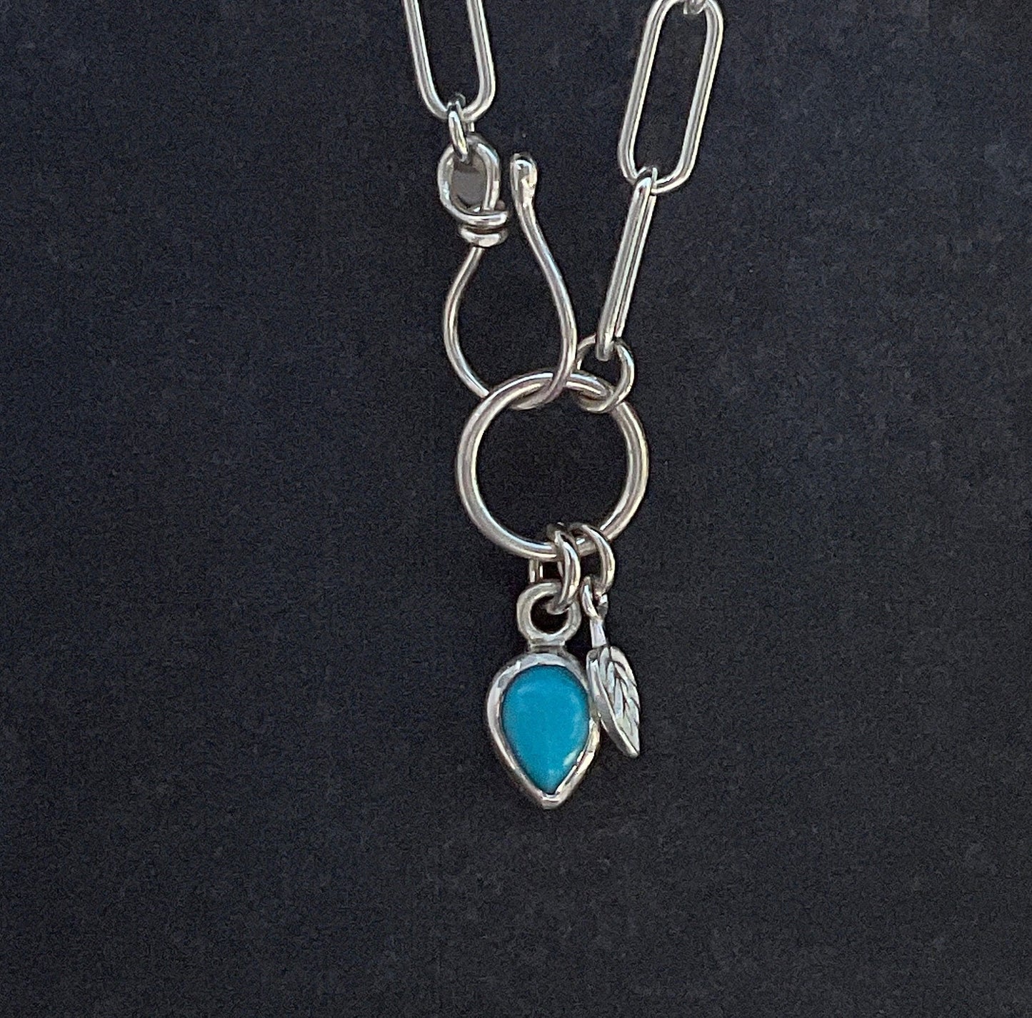 Turquoise Charm Necklace Kingman Blue Turquoise Teardrop Charm Necklace Sterling Silver Paperclip Chain Necklace 4,3mm