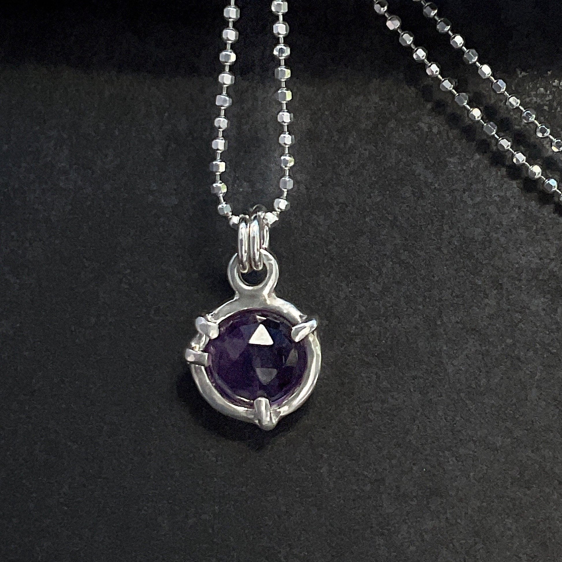 Amethyst Necklace Solid Sterling Silver Necklace with Rose cut Amethyst Gemstone February birthstone charm  solid sterling silver diamond-cut ball chain 1.2mm width with lobster claw clasp 