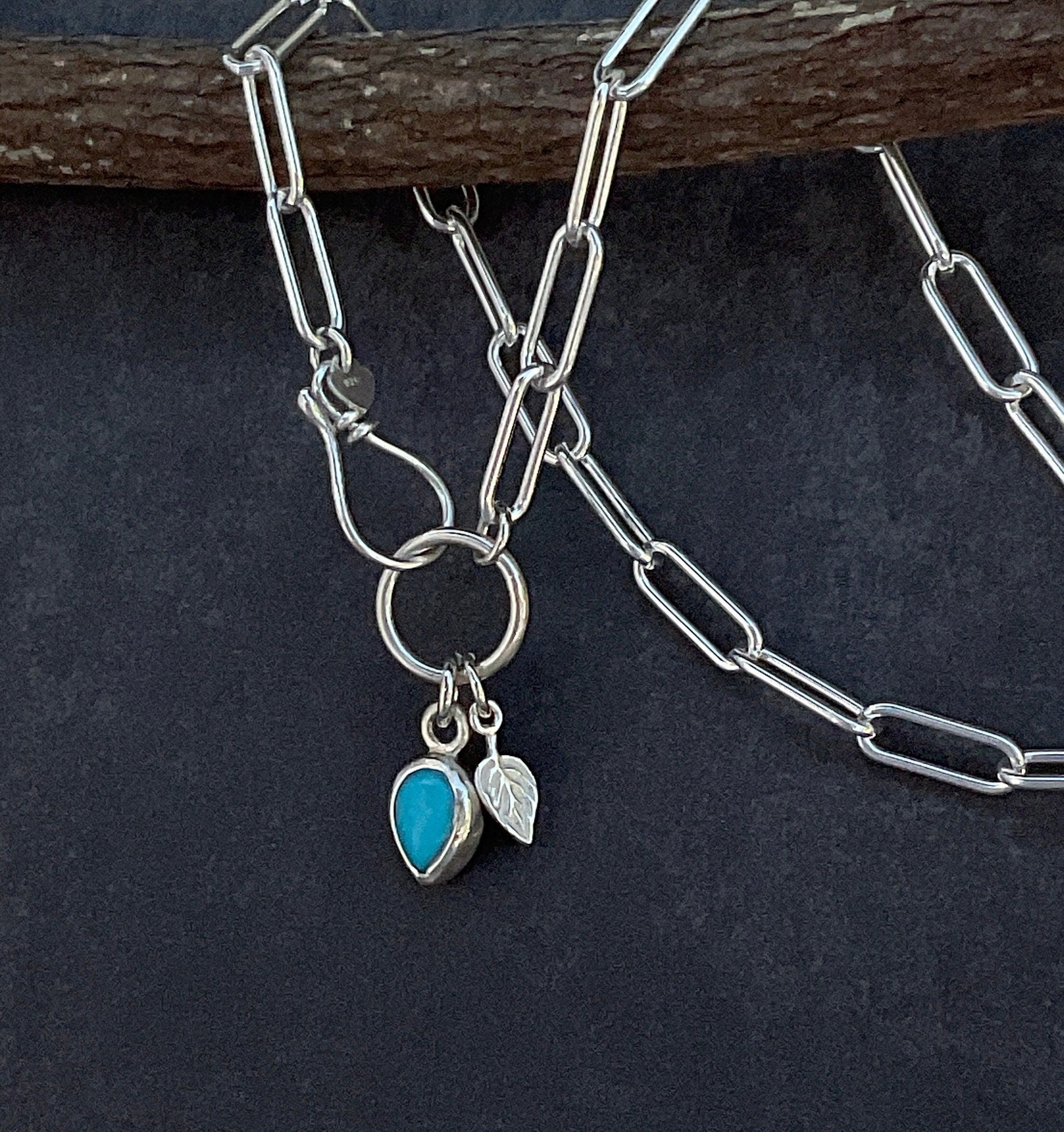 Turquoise Charm Necklace Kingman Blue Turquoise Teardrop Charm Necklace Sterling Silver Paperclip Chain Necklace 4,3mm