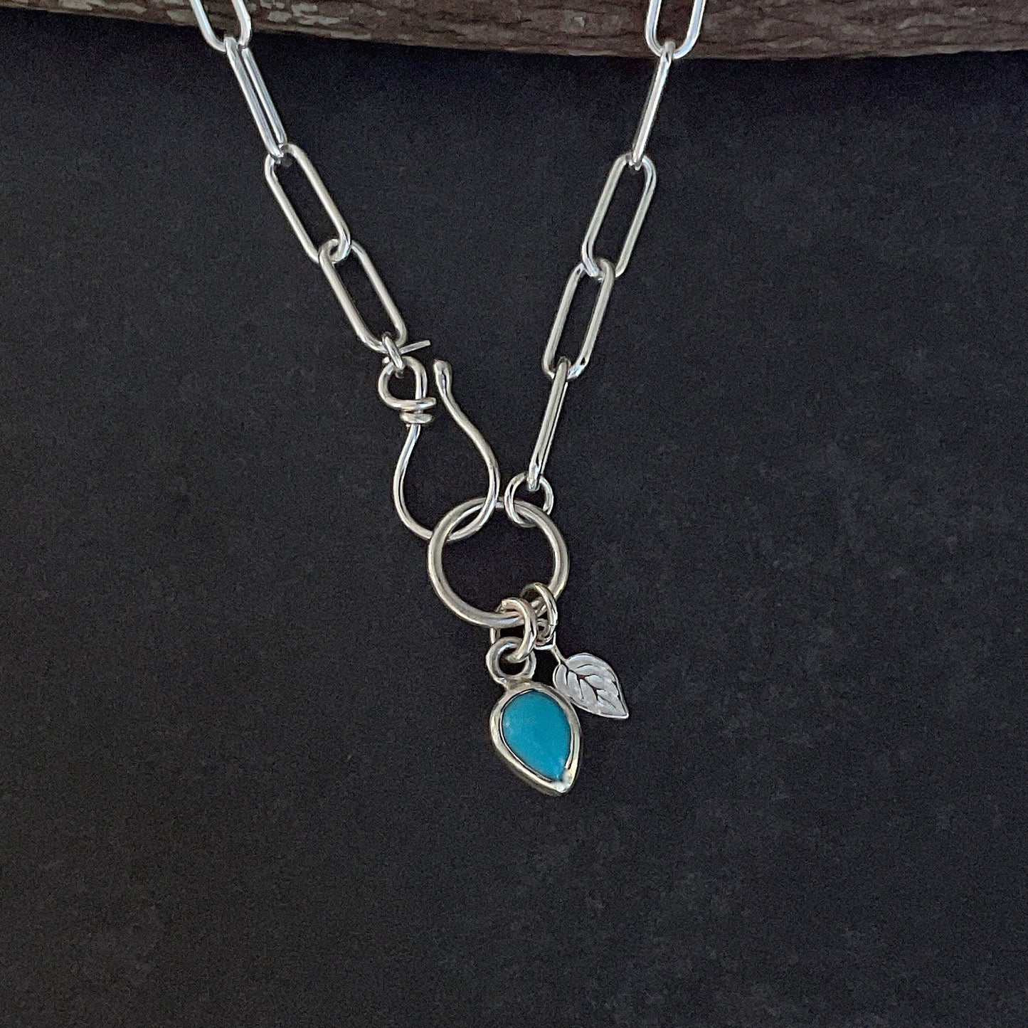 Turquoise Charm Necklace Kingman Blue Turquoise Teardrop Charm Necklace Sterling Silver Paperclip Chain Necklace 4,3mm